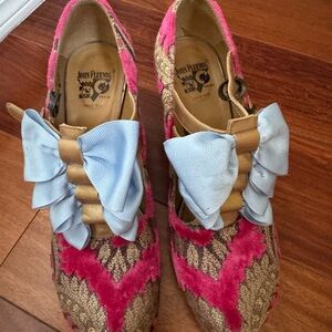 John Fluevog Vibrant Pink and Gold Shoes with Light Blue Accents